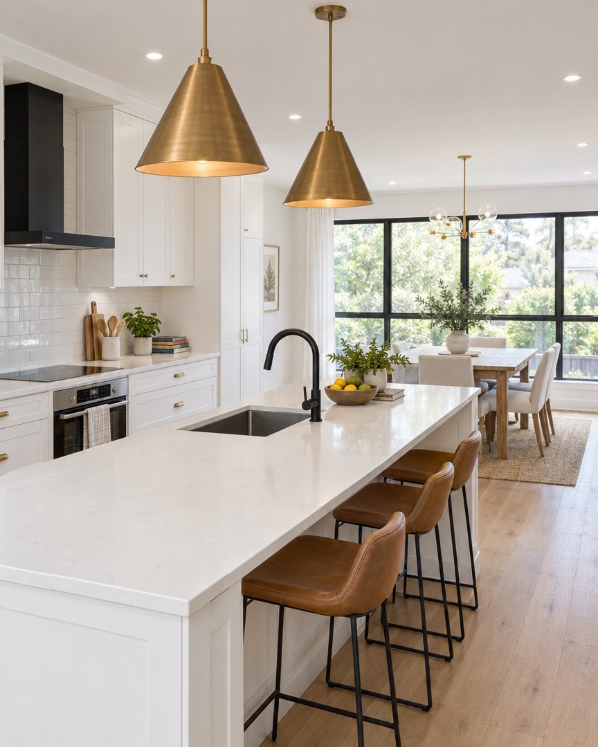 A bright white kitchen with an island bench at an open home
